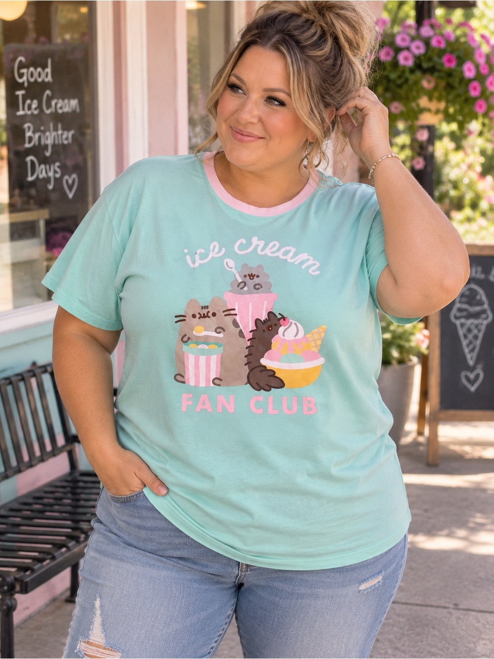 Pusheen Mint Short Sleeve Ice Cream Fan Club Graphic Tee with Pink Trim